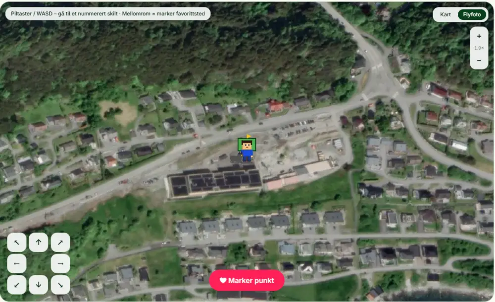 2D-spill basert på kart og flyfoto — beveg figuren og marker punkter